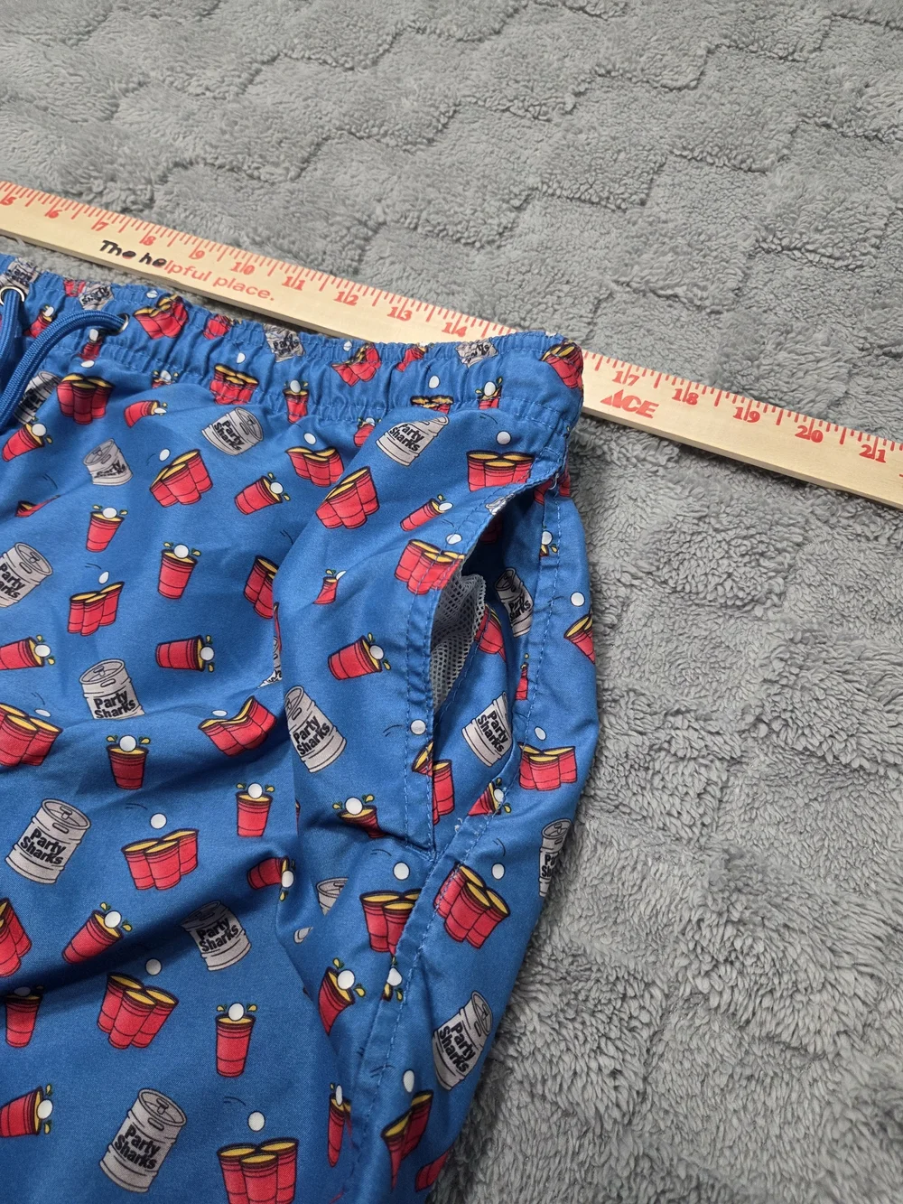 Party Sharks Swim Trunks Men's Blue Printed Swim Trunks with Fun Red Cup Pattern - Picture 5 of 9